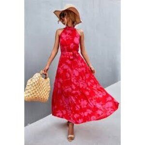 Shein Floral Maxi Dresses Halter Neck Sundresses  Mock Sleeveless Flowy Belt 0XL